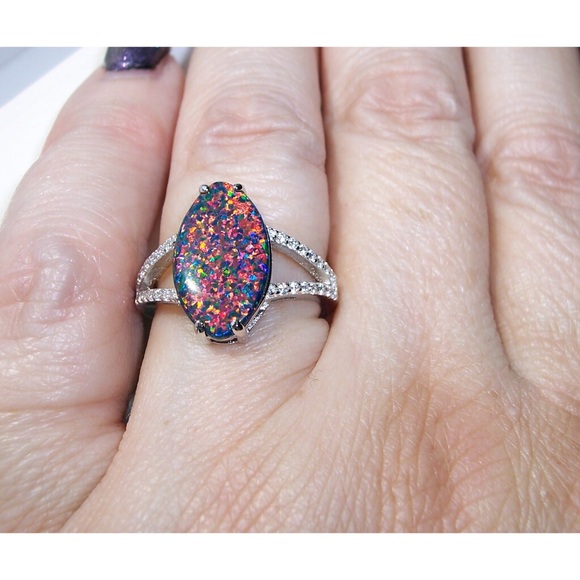 925 STERLING SILVER Lab Created Black Opal CZ Ring - Picture 5 of 16